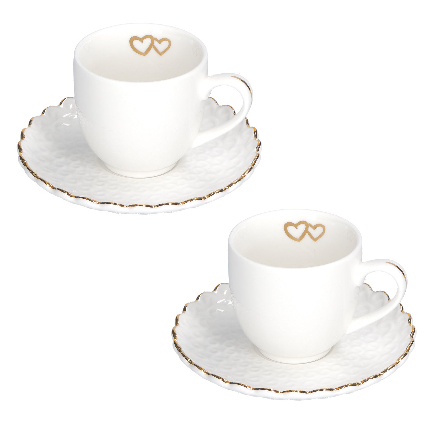 Set di 2 tazzine da caffè con piattino in porcellana bianca e decorazioni dorate. Dimensione tazzina 5,5 x 5,5 x h 5,5 cm, piattino diametro cm 10. Lavare a mano.