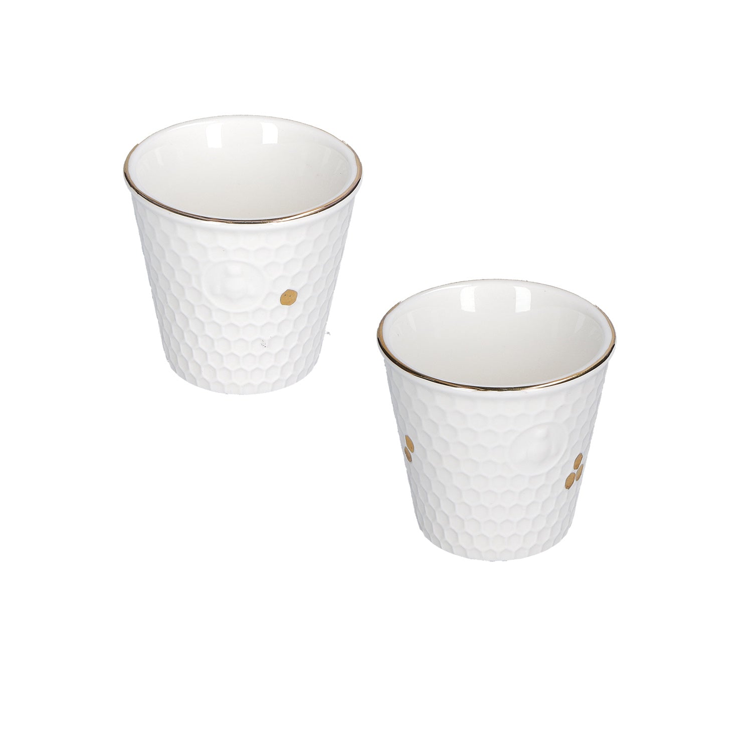 Set di 2 bicchieri in porcellana bianca con decorazioni dorate. Dimensioni: 6 x h 5,5 cm Lavare a mano.