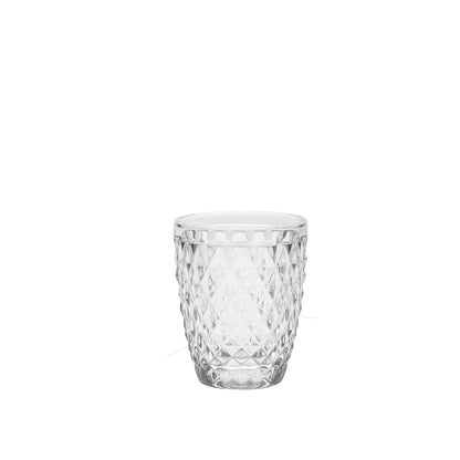 Confezione di 6 bicchieri in vetro lavorato trasparente. Dimensioni e capacità: cm Ø 8 h10 270 cc. Lavabili in lavastoviglie. In negozio e online su tuttochic.it