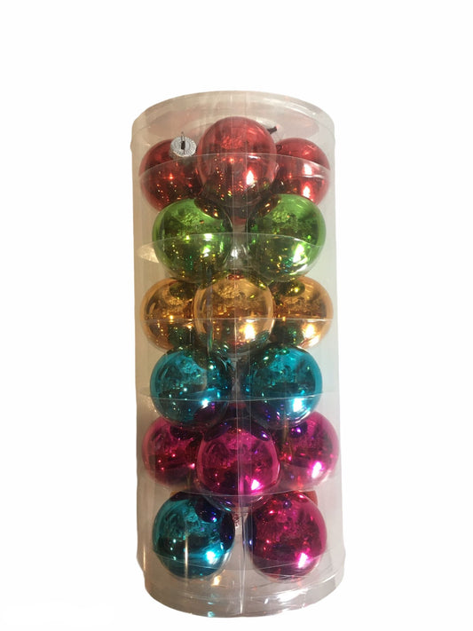 Confezione di 24 palline in vetro di colori assortiti con diametro di 5 cm.