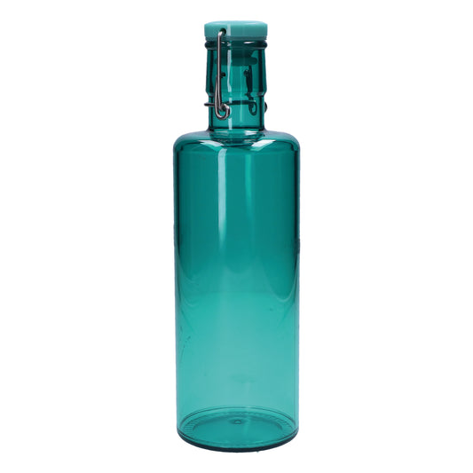 Bottiglia in acrilico color turchese, per alimenti, lavabile in lavastoviglie. Capacità: lt. 1,0 Dimensioni: cm ø 8,5 x 28 h. In negozio e online su tuttochic.it