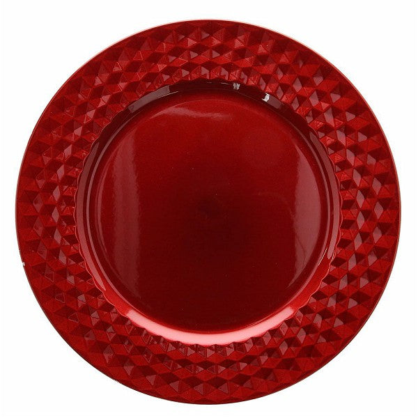 Confezione 6 sottopiatti in plastica di colore rosso metallizzato. Diametro cm. 33. Lavare a mano. In negozio e online su tuttochic.it