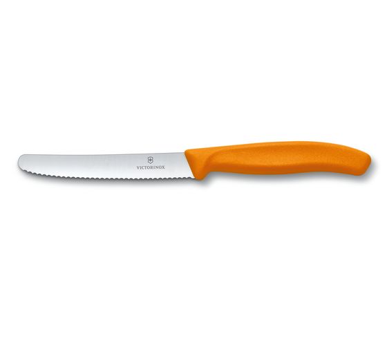 Coltello da tavola e per pomodoro realizzato in Svizzera con filo ondulato ultra affilato e con impugnatura ergonomica. Lunghezza della lama cm 11. Lavabile in lavastoviglie