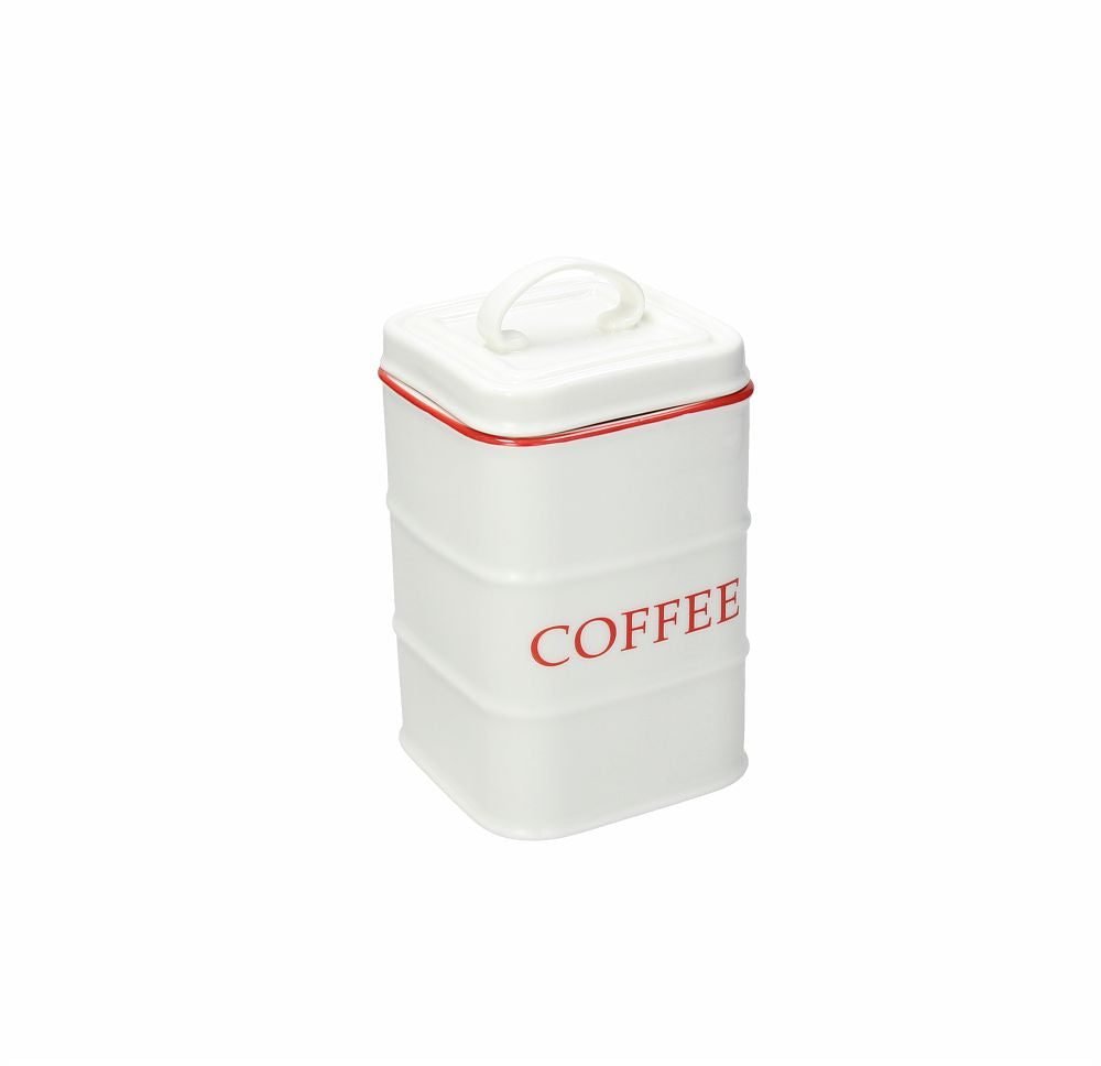 Barattolo ermetico quadrato in porcellana con coperchio e scritta COFFEE di colore rosso. Dimensioni: cm 11 x 11 x 19 h Capacità: cc 1040