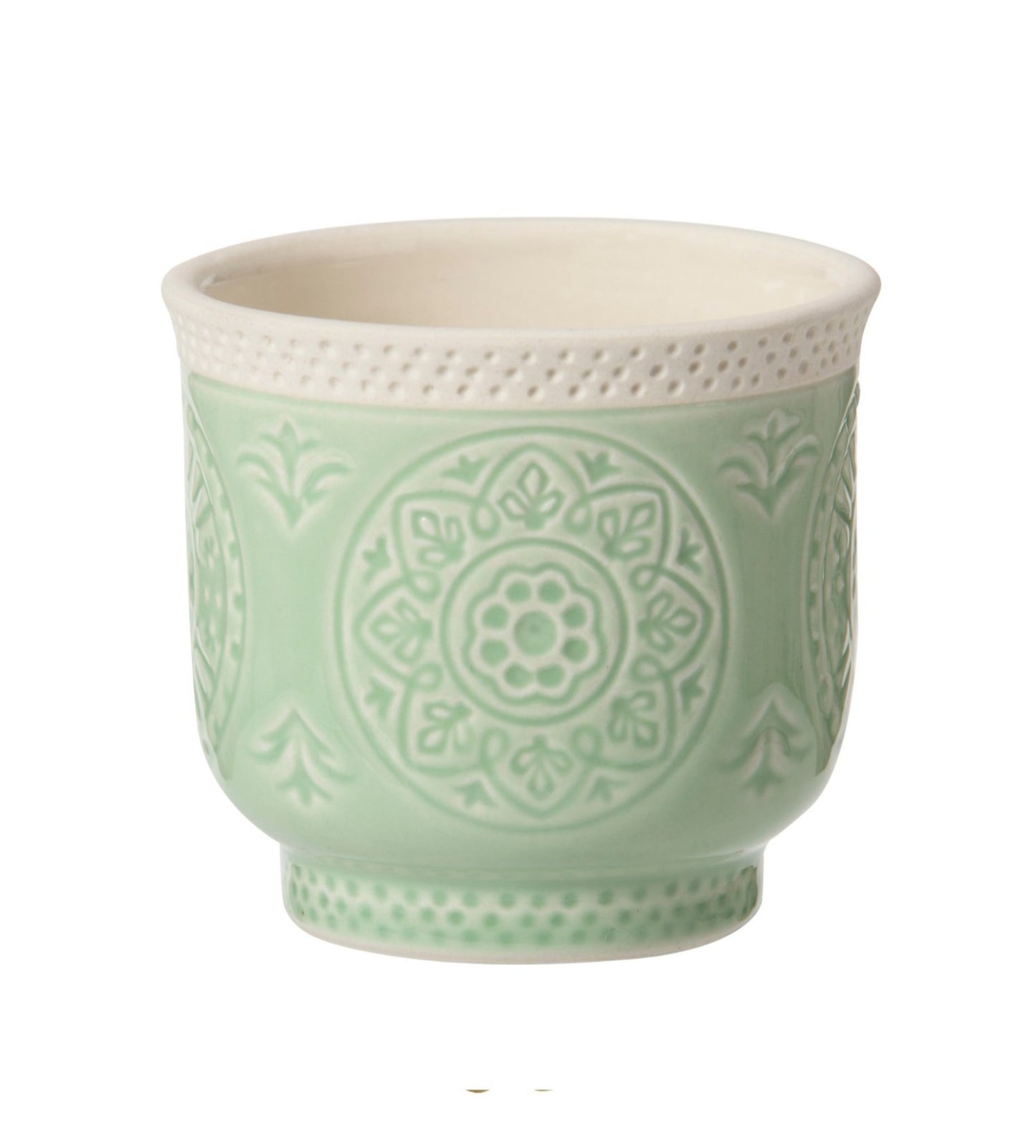 Porta candela tondo in ceramica lavorata di colore verde acqua, ideale per candele sampler e T-Light. Dimensioni: ø 6,8 cm, altezza cm 6. In negozio e online su tuttochic.it
