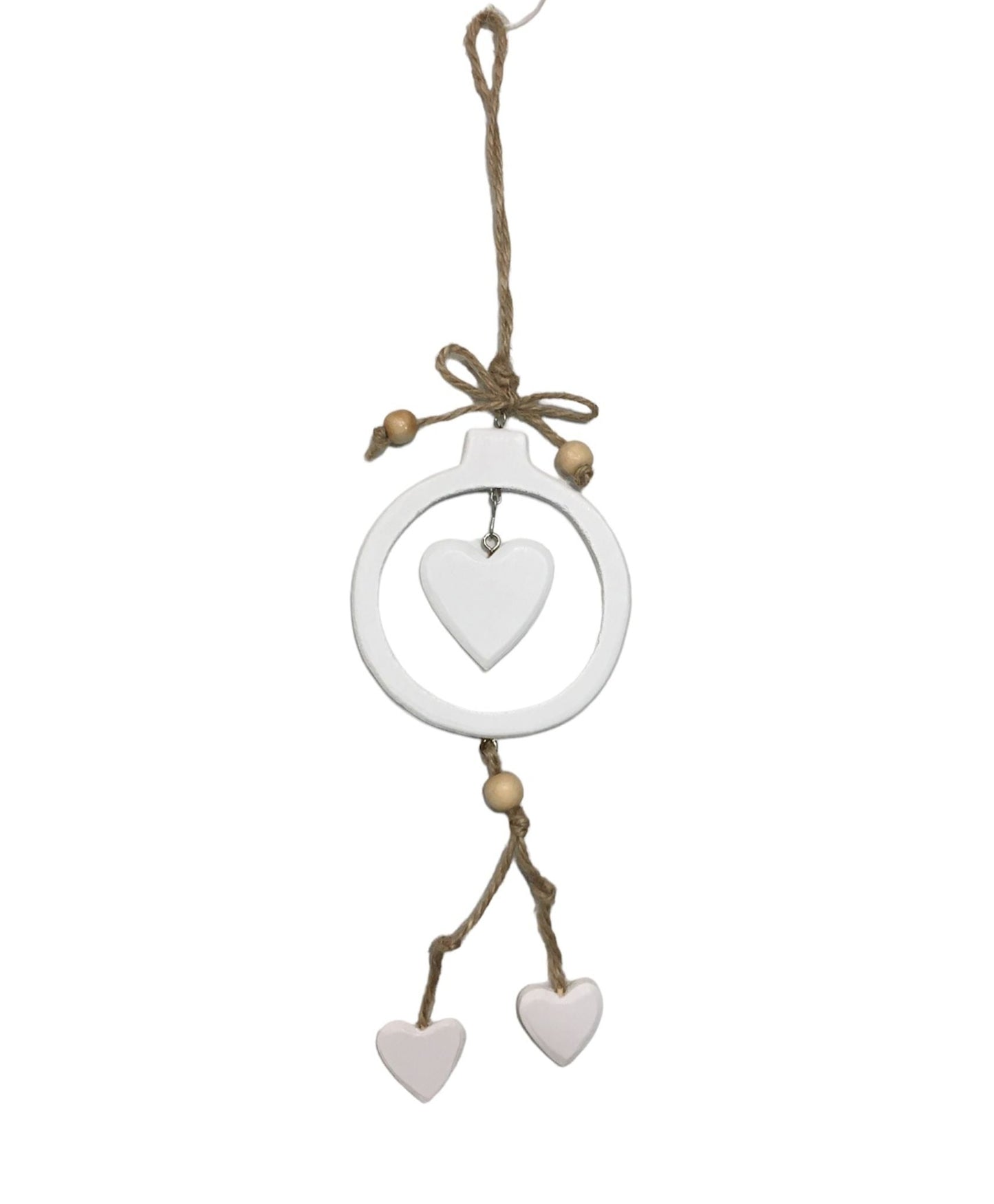 Decoro per albero di Natale realizzato con corda e legno di colore bianco .Dimensioni: anello diametro cm 8,5, altezza totale cm 31. In negozio e online su tuttochic.it