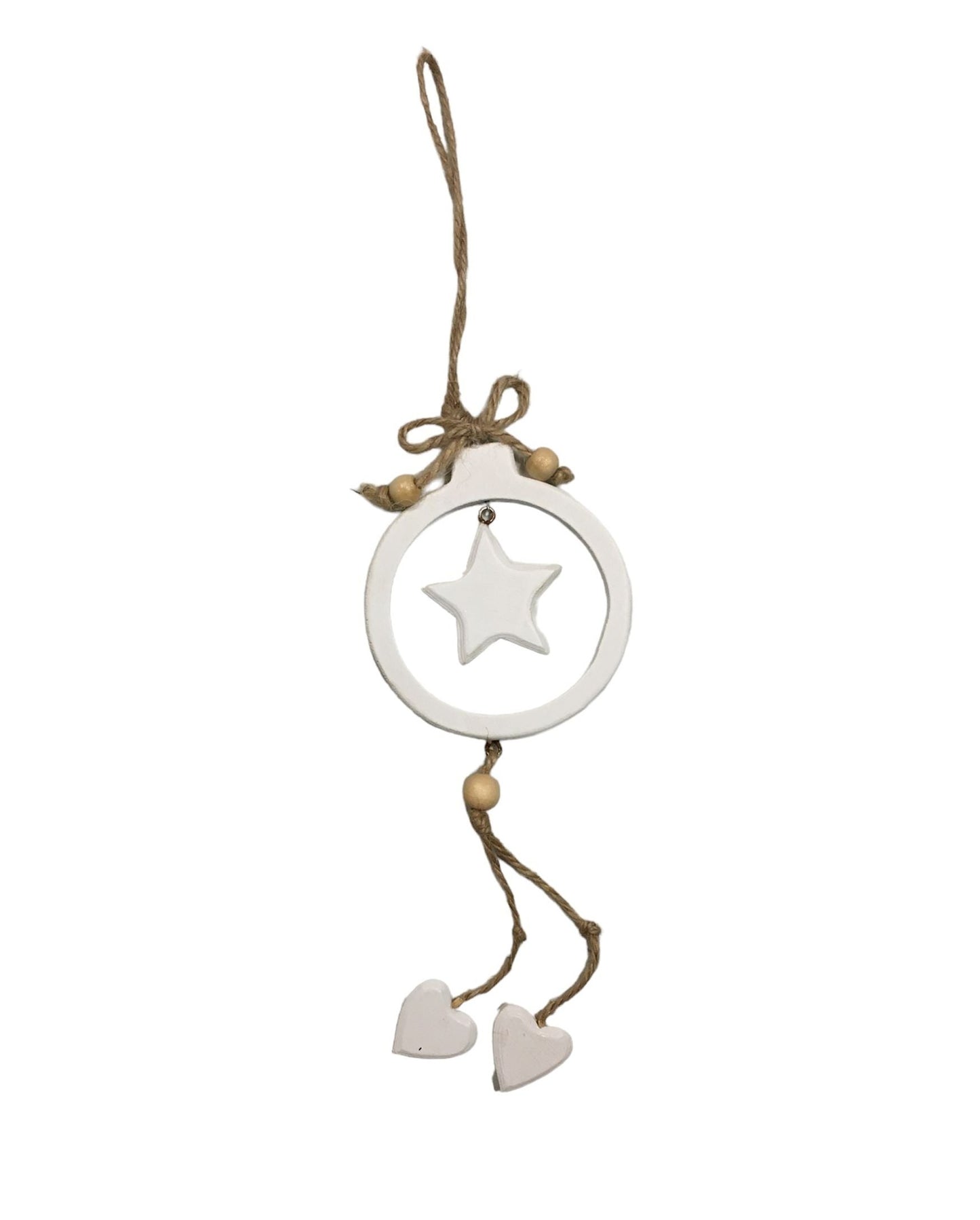 Decoro per albero di Natale realizzato con corda e legno di colore bianco .Dimensioni: anello diametro cm 8,5, altezza totale cm 31. In negozio e online su tuttochic.it