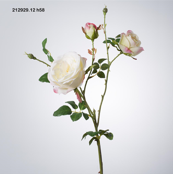 Rosa artificiale x 3 rametti. Dimensioni: cm. 58 Colore: bianco con sfumature rosa Petali e foglie in tessuto, stelo in plastica. In negozio e online su tuttochic.it