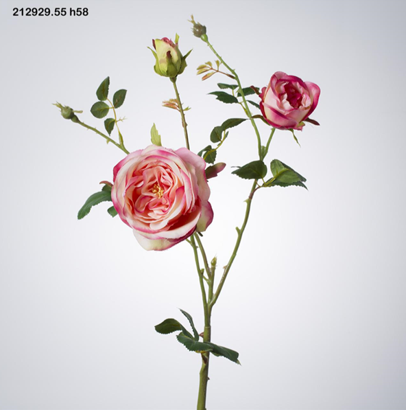 Rosa artificiale x 3 rametti. Dimensioni: cm. 58 Colore: rosa sfumato Petali e foglie in tessuto, stelo in plastica. In negozio e online su tuttochic.it