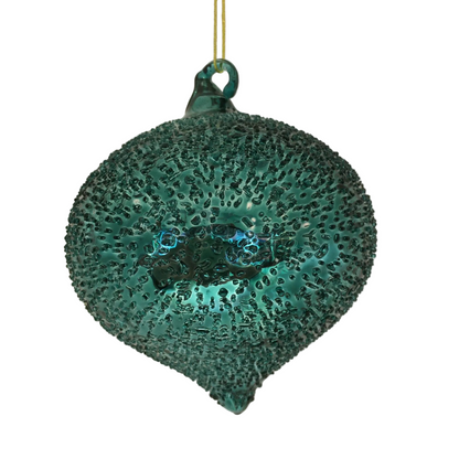 Decorazione trottola in vetro colore turchese con micro bolle. Diametro cm. 10