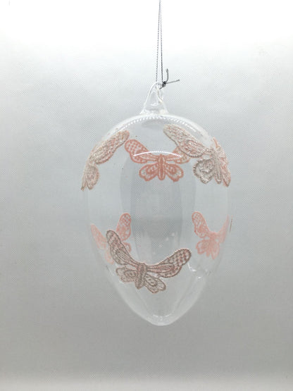Decorazione uovo da appendere in vetro con ricamo farfalle. Dimensione: cm 9 x 16 h