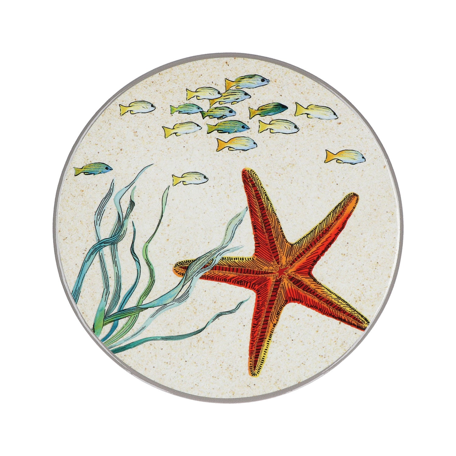 Sottopentola tondo in ceramica decorata con tema stella marina, fondo isolante in sughero. Dimensioni : diametro cm. 20 Lavare a mano. In negozio e online su tuttochic.it